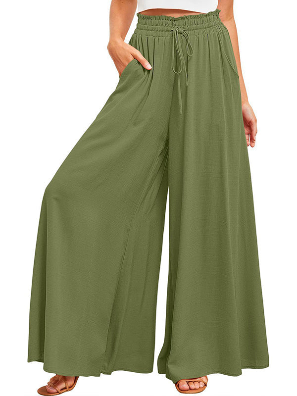 Pantalon ample plissé taille haute, à cordon de serrage, à taille élastique, à poches, couleur unie