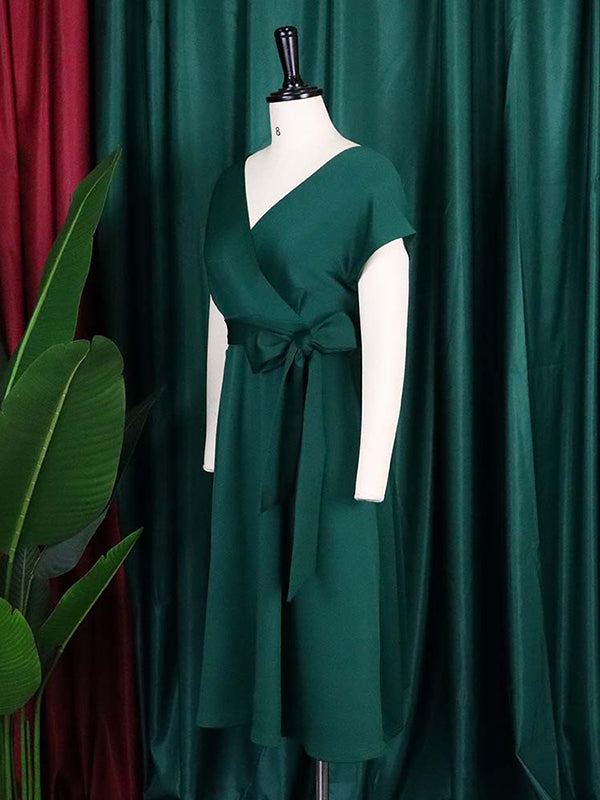 Robe mi-longue à nœud, à lacets, à col en V, couleur unie