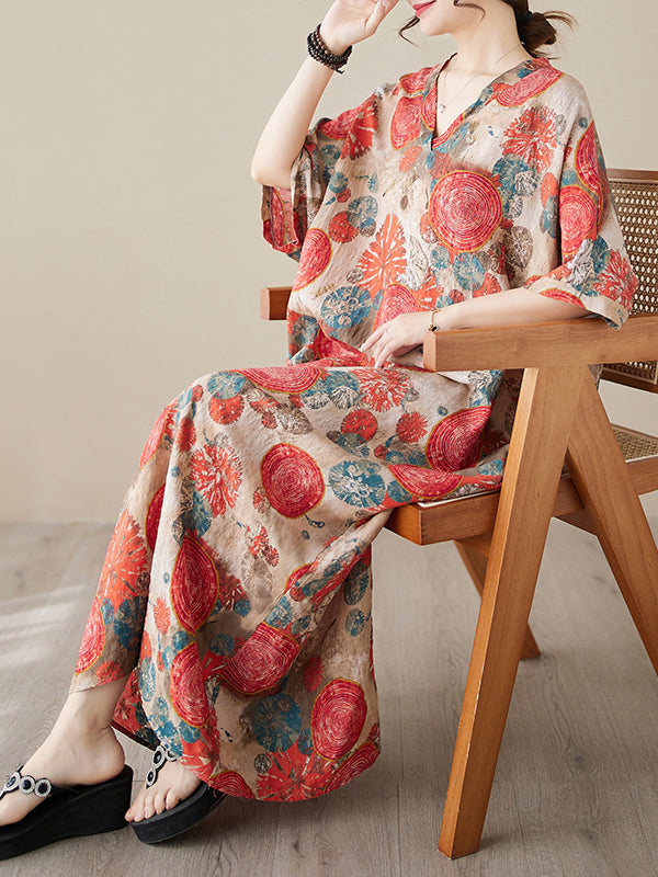 Robe longue ample imprimée à manches courtes, à col en V