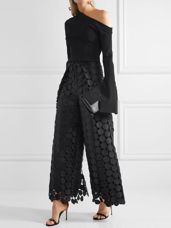 Pantalon ajouré taille haute, à jambes larges, à pois, couleur unie