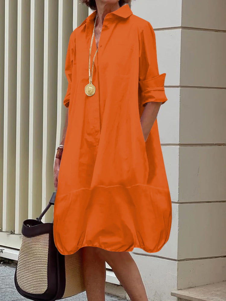 Robe chemise ample à manches longues, à col revers, couleur unie