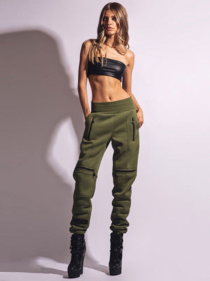 Pantalon de sport décontracté à taille haute et élégant, couleur unie, fermeture éclair