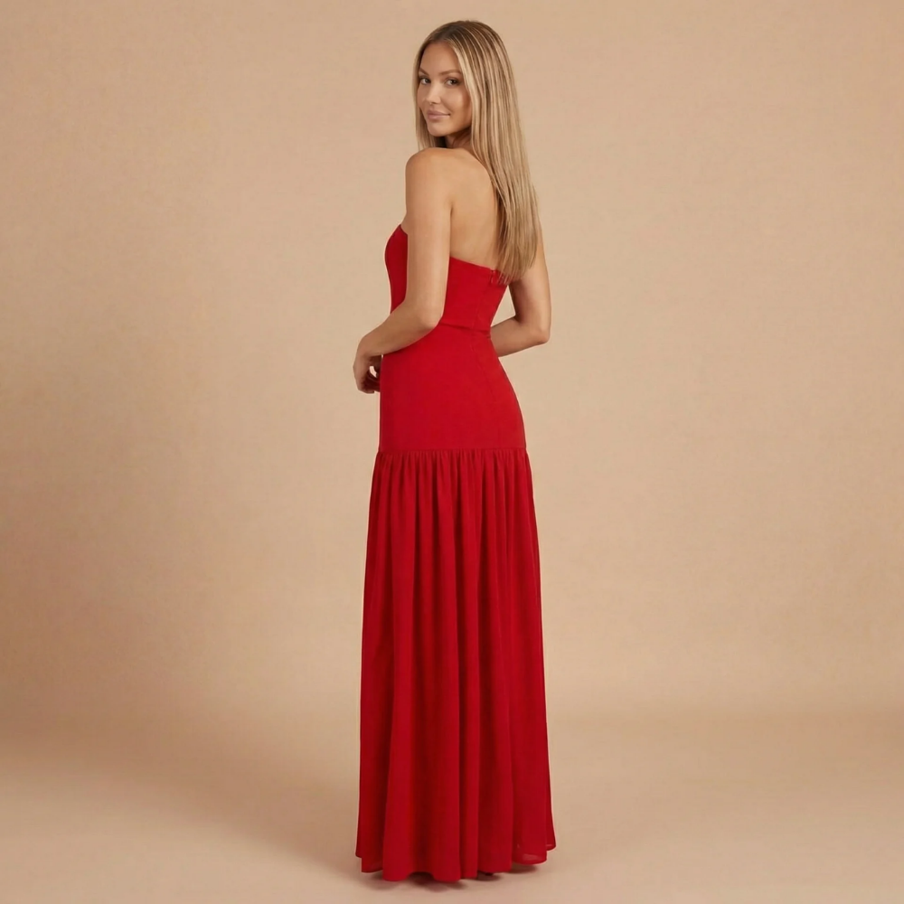 Sharon - Robe maxi sans bretelles avec taille tombante et fronces
