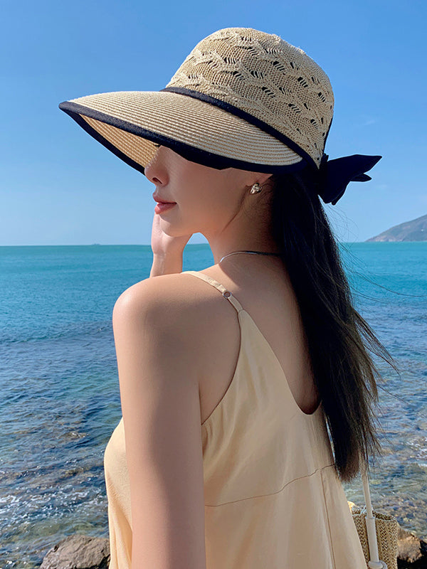 Chapeau anti-UV à larges bords ajourés et nœud