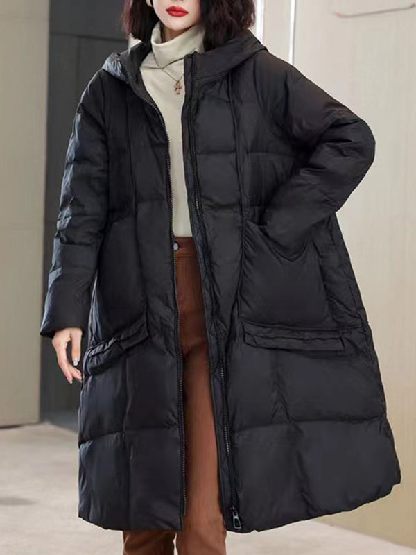 Manteau en duvet à capuche à manches longues et poches amples de couleur unie