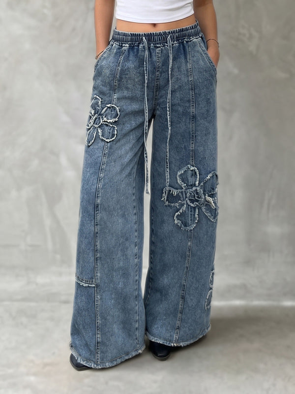 Jean ample taille haute, à cordon de serrage, à taille élastique, en forme de fleur, à franges, couleur unie