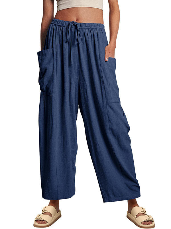 Pantalon ample plissé taille haute, à cordon de serrage, à taille élastique, à poches, couleur unie