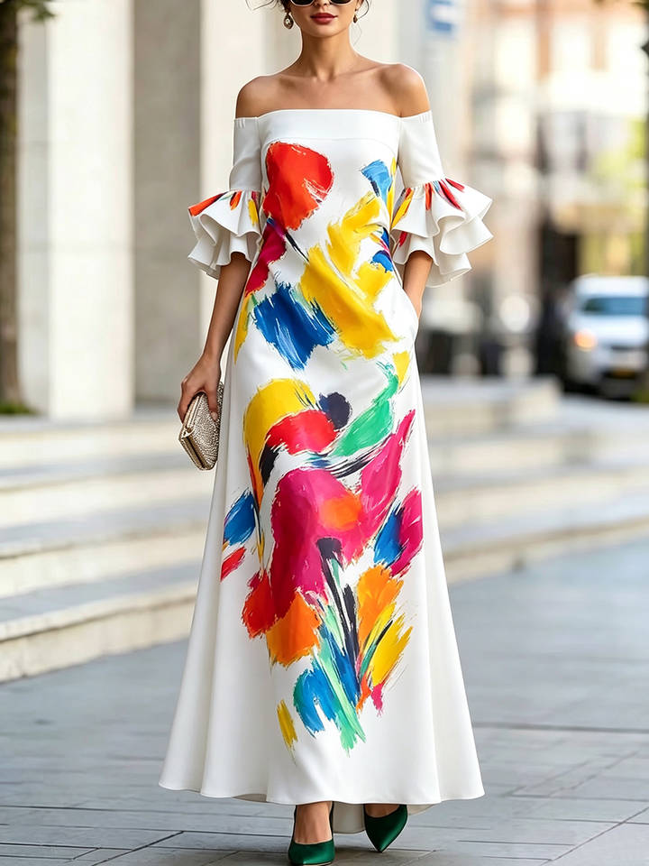 Robe longue imprimée à fermeture éclair, à poches, à taille élastique, à manches volantées, à manches mi-longues, à épaules dénudées, couleur contrastée