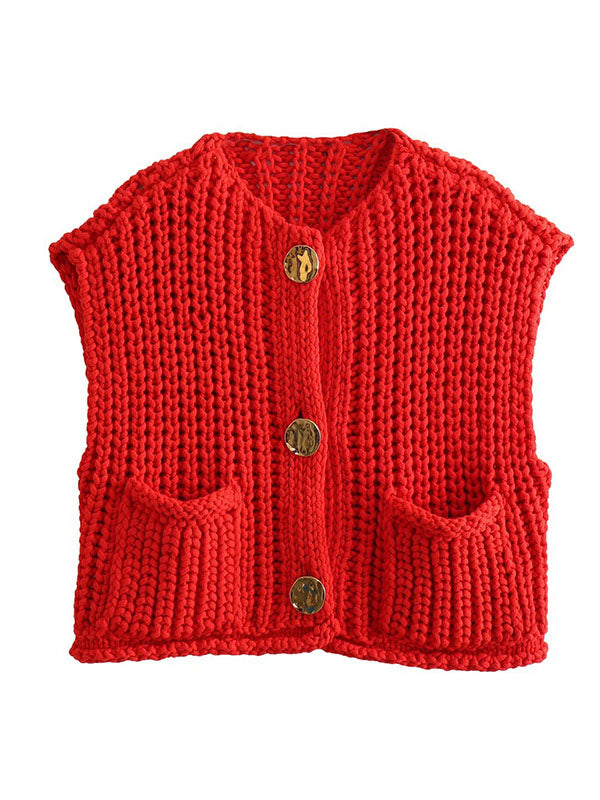 Gilet sans manches ample boutonné à poches, à col en V