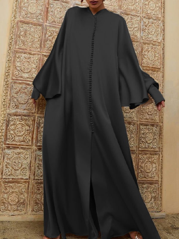 Robe longue décontractée fendue devant à manches chauve-souris, couleur unie
