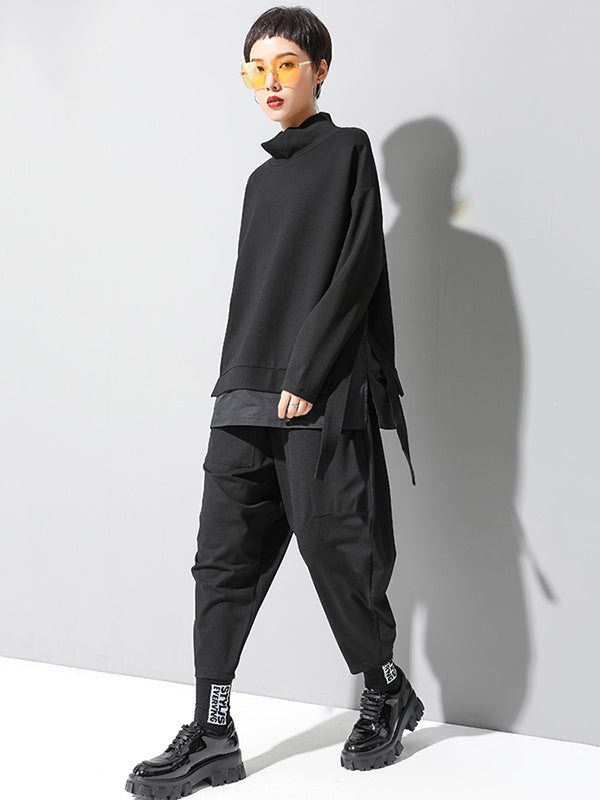 Sarouel élégant noir asymétrique à taille élastique