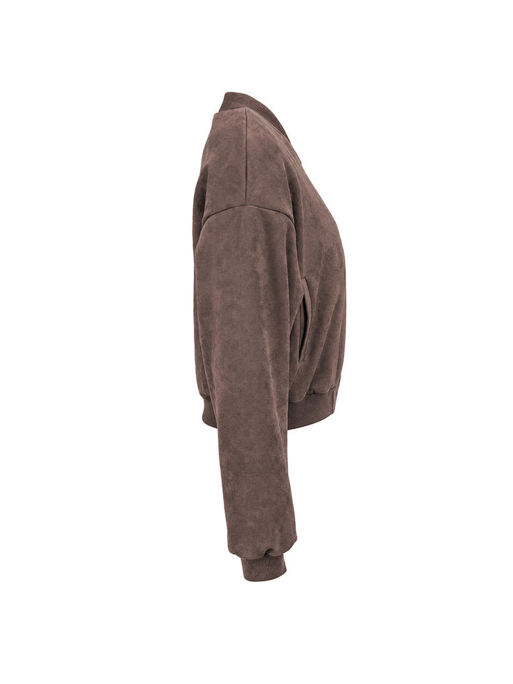 Veste courte à fermeture éclair, à taille élastique, à manches longues, à col rond, couleur unie