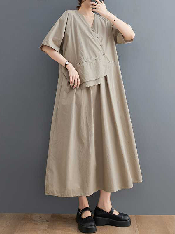 Robe mi-longue ample plissée à manches courtes, à empiècements, à col en V, couleur unie