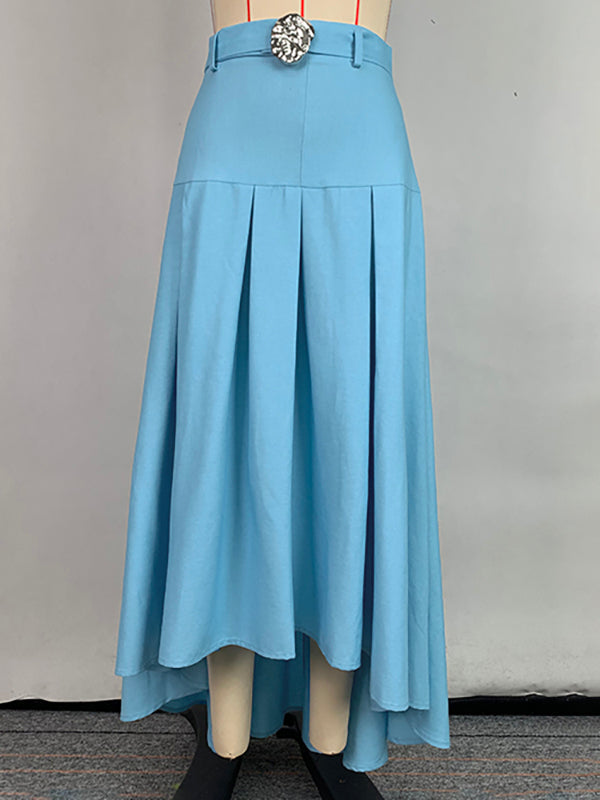 Jupe plissée taille haute, à ourlet plongeant, avec ceinture, couleur unie