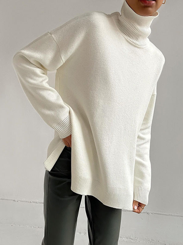Pull décontracté ample fendu sur le côté à manches longues, à col haut, couleur unie