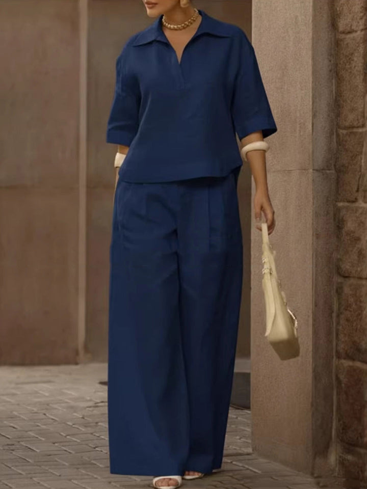 Ensemble deux pièces plissé à manches mi-longues, à col revers, taille haute, couleur unie – chemisier + pantalon