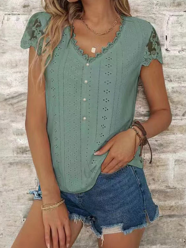 T-shirt ample boutonné ajouré à manches courtes, en résille, à empiècements, à col en V