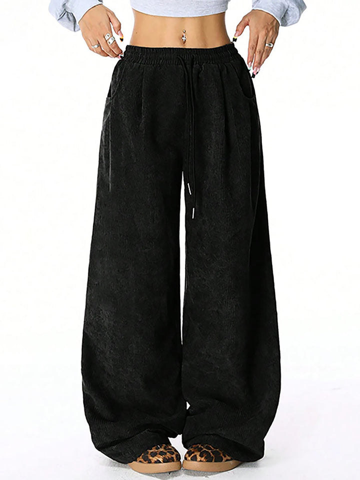 Pantalon taille haute, à jambes larges, à cordon de serrage, à taille élastique, à poches, couleur unie