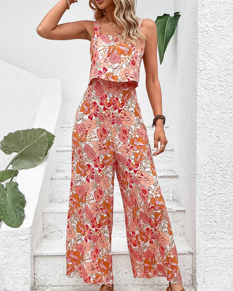 Combinaison sans manches à fleurs pour femmes | Pantalon large
