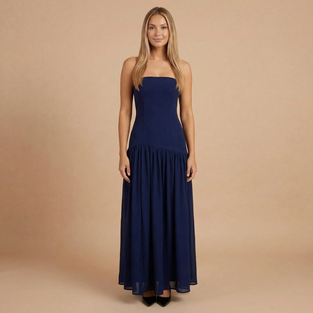 Sharon - Robe maxi sans bretelles avec taille tombante et fronces