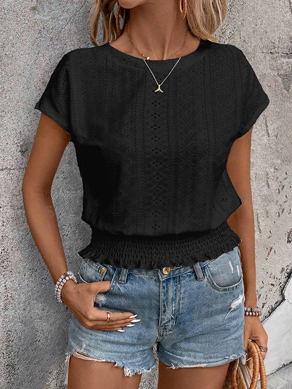 T-shirt ample ajouré à manches courtes, à taille élastique, en jacquard, à col rond, couleur unie