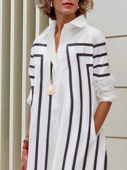 Robe chemise ample boutonnée rayée à manches mi-longues, à col revers
