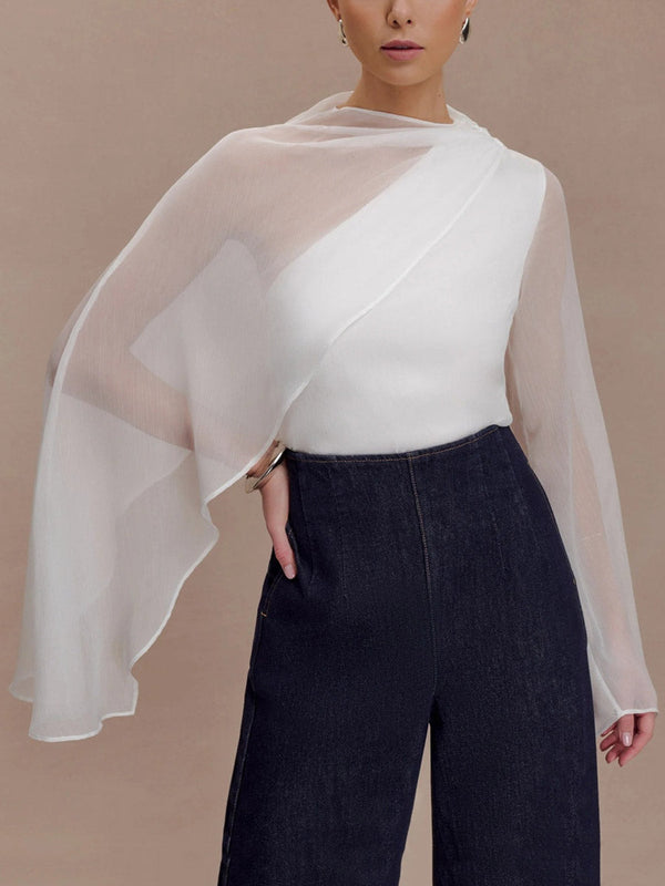 Chemisier asymétrique transparent style cape, à empiècements, à col rond, couleur unie
