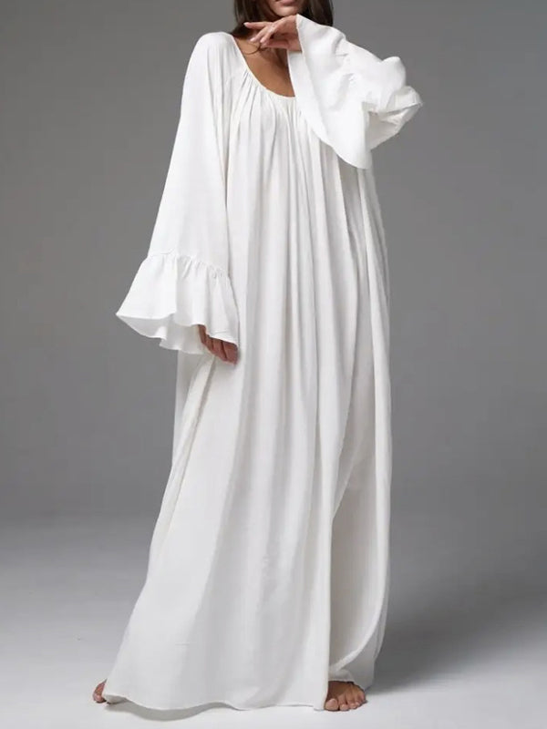 Robe longue ample plissée à manches évasées, à empiècements, à col rond, couleur unie