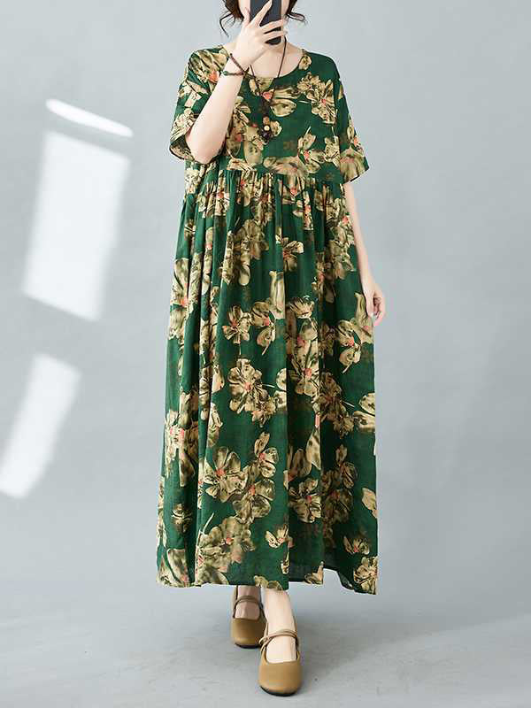 Robe mi-longue ample plissée à manches mi-longues, à imprimé floral, à poches, à col rond