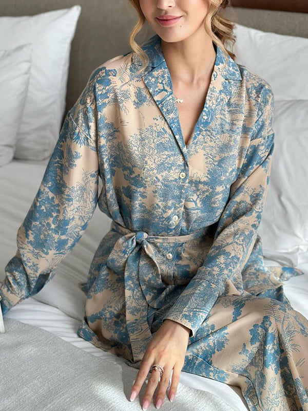 Ensemble deux pièces boutonné imprimé à manches longues, à taille nouée, à col cranté, taille haute – chemise + haut + pantalon