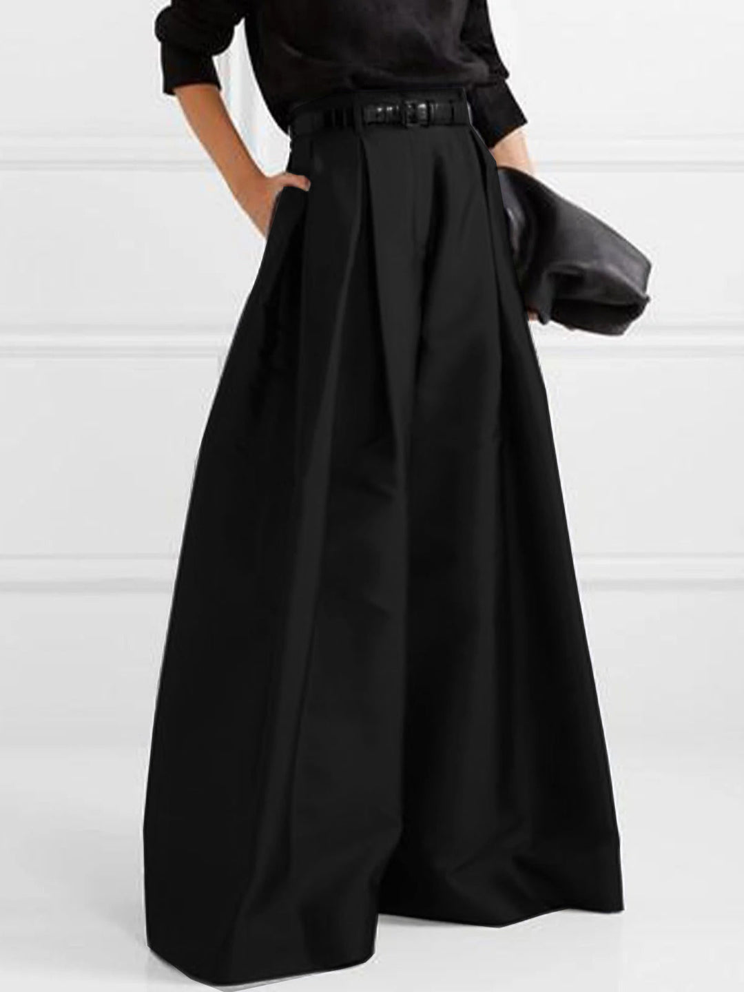 Pantalon élégant ample taille haute, à jambes larges, couleur unie