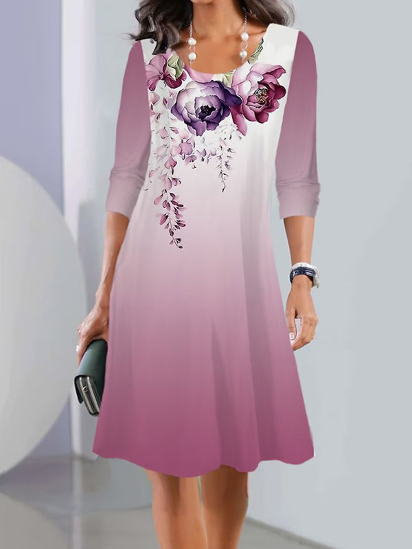 Robe mi-longue multicolore imprimée à manches longues, à imprimé floral, à col rond