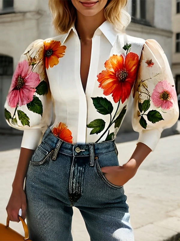 Chemisier asymétrique à manches bouffantes, à imprimé floral, à empiècements, à col revers