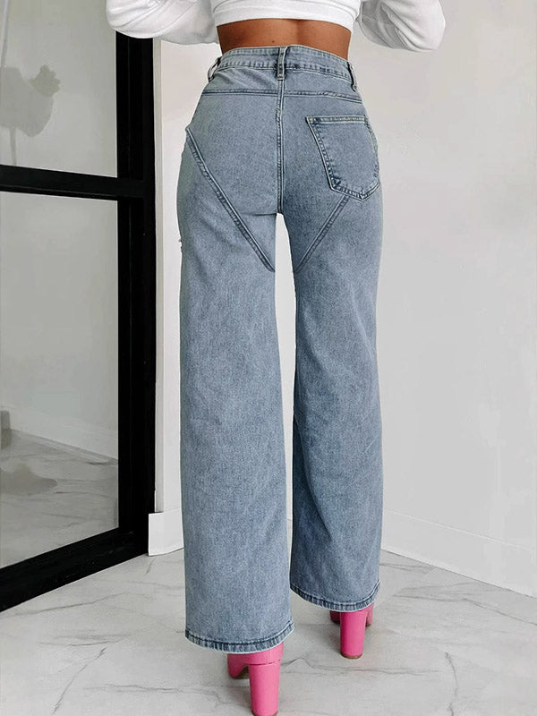 Jean déchiré taille haute, à jambes droites, à empiècements