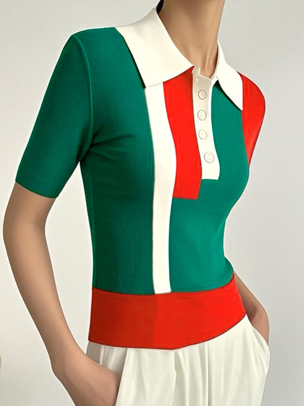 T-shirts slim à manches courtes et boutons à revers de couleur contrastée, hauts de style polo