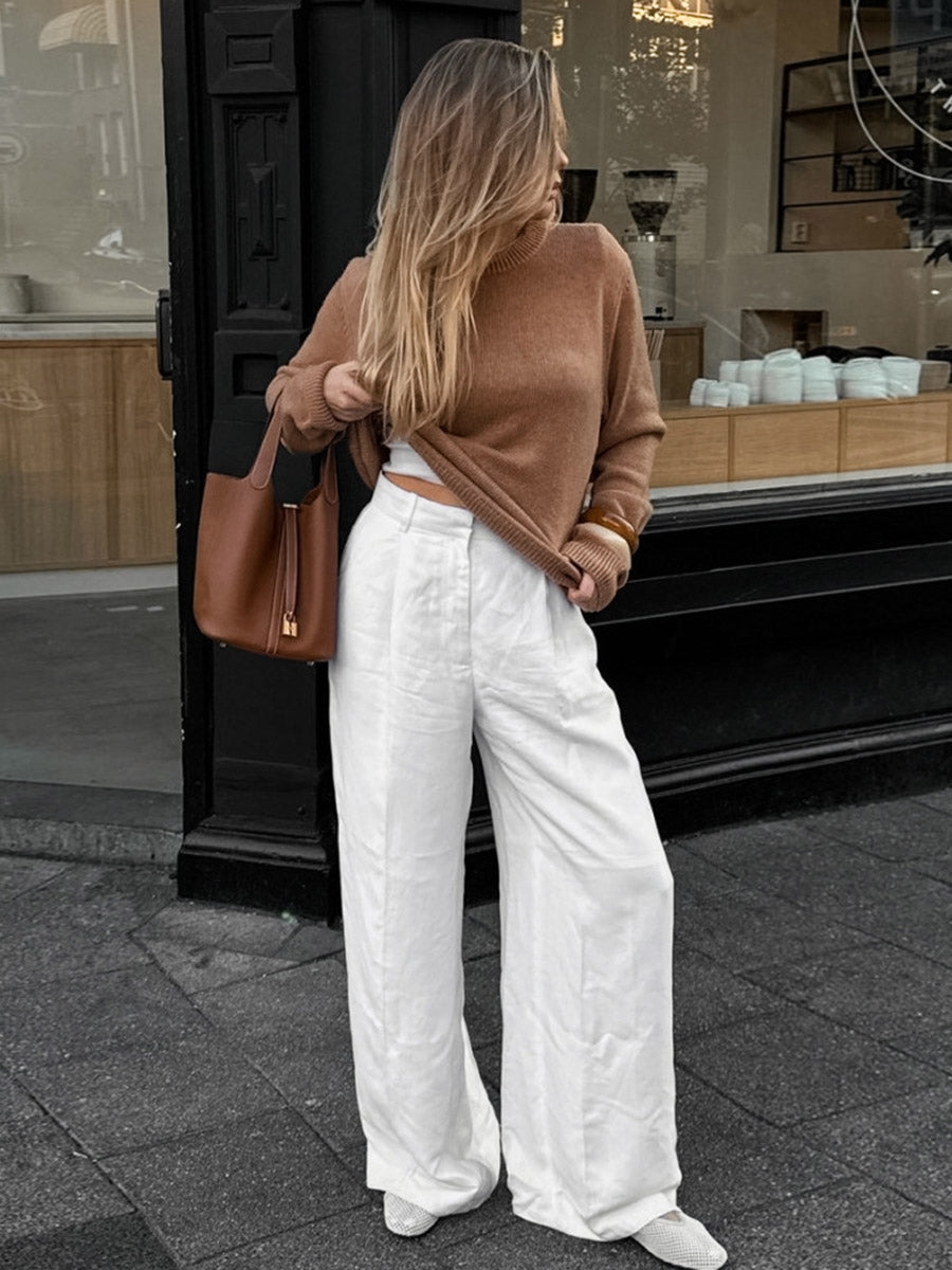 Pantalon plissé à taille élastique, taille haute, à empiècements, couleur unie