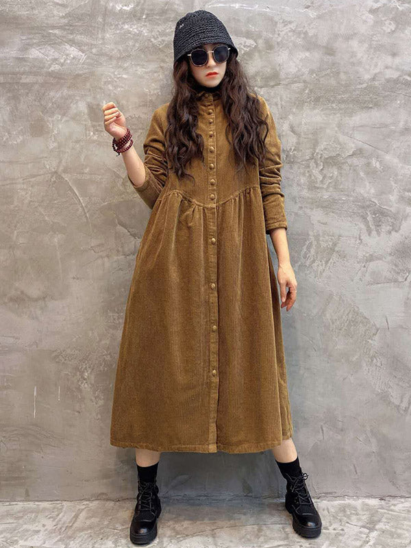 Robe Originale à Revers en Velours Côtelé Uni