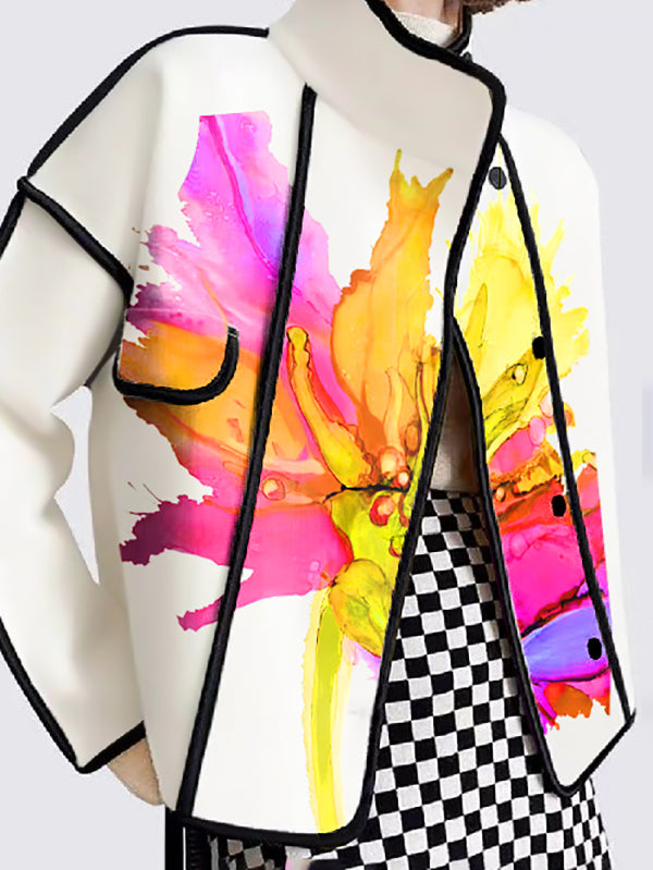 Veste ample boutonnée à manches longues, à imprimé floral, à poches, à empiècements, à col montant