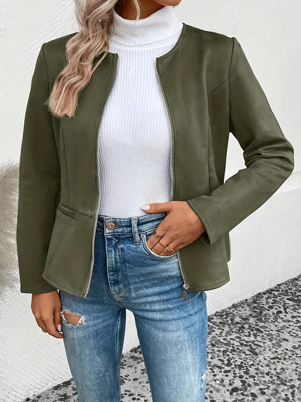 Veste ample à manches longues, à poches, à empiècements, à fermeture éclair, à col rond, couleur unie