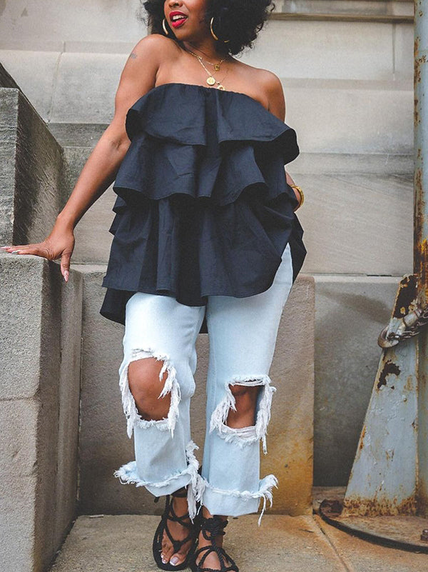 Débardeur ample superposé volanté coupe trapèze, à taille élastique, bustier, couleur unie