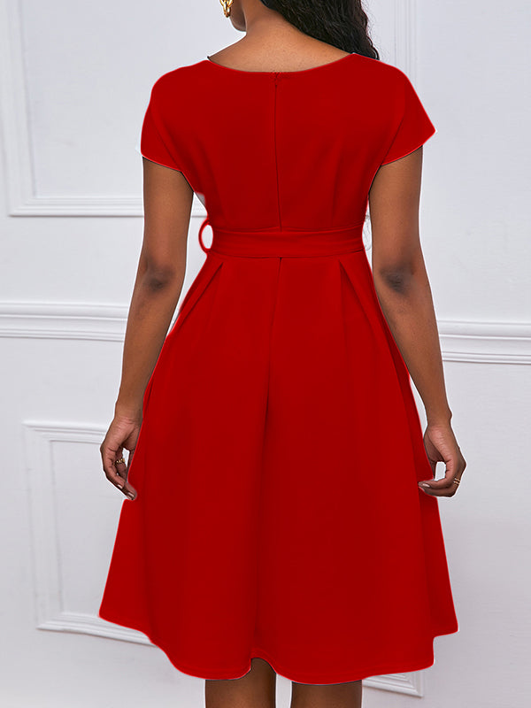 Robe mi-longue à nœud, à lacets, à col en V, couleur unie