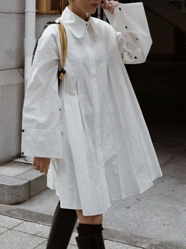 Robe chemise boutonnée plissée à manches longues, à col revers, couleur unie