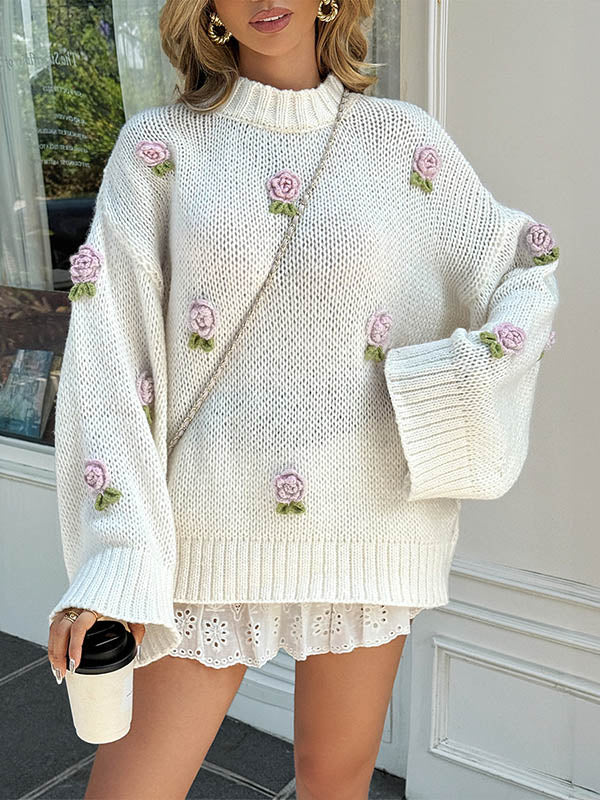 Pull ample à manches longues, à empiècements, à fleurs en 3D, à col cheminée, couleur contrastée