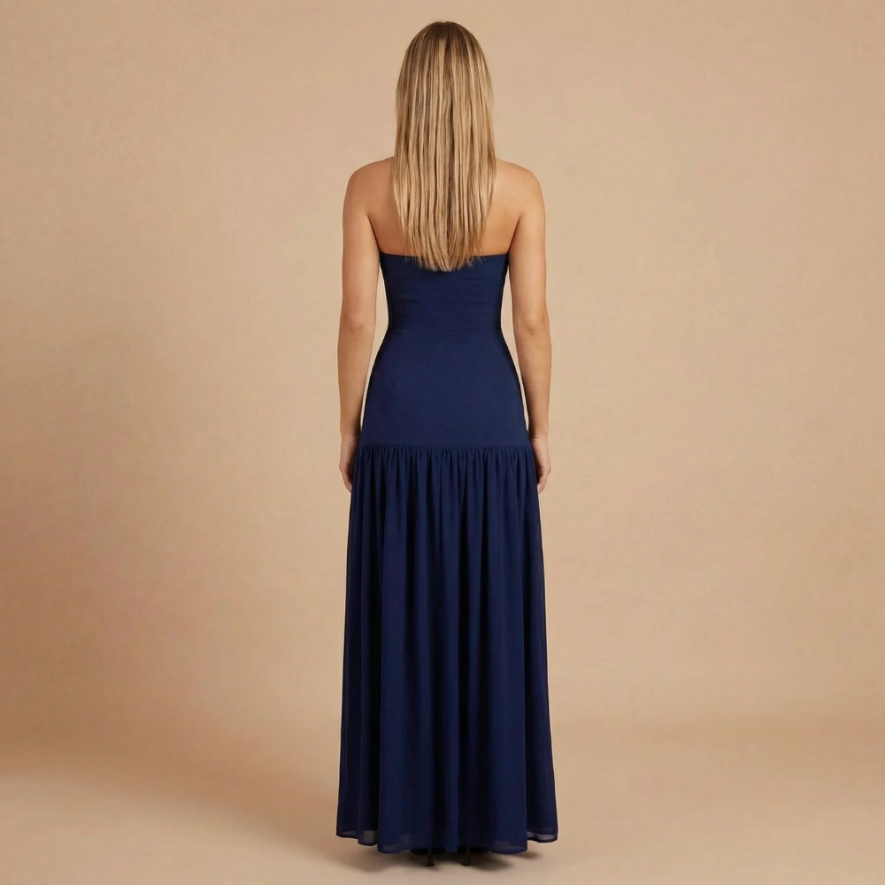 Sharon - Robe maxi sans bretelles avec taille tombante et fronces