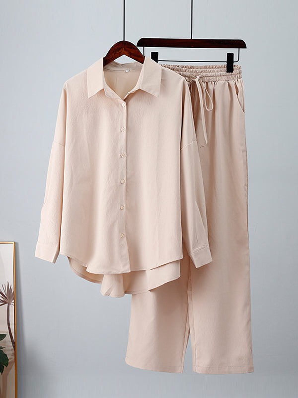 Ensemble deux pièces à ourlet plongeant, à manches longues, à col revers, à cordon de serrage, couleur unie – chemisier + pantalon
