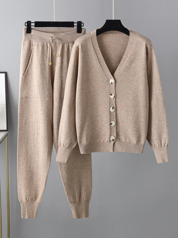 Ensemble deux pièces décontracté ample à col en V, couleur unie – cardigan + sarouel