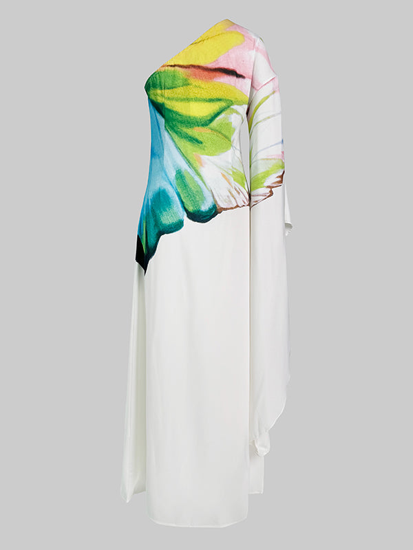 Robe longue ample asymétrique à manches longues, à imprimé floral, asymétrique à une épaule