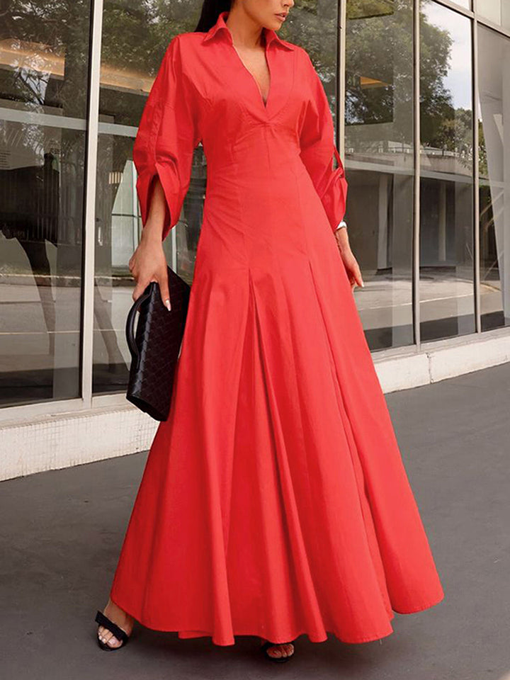 Robe chemise plissée coupe trapèze, taille haute, à col en V, couleur unie