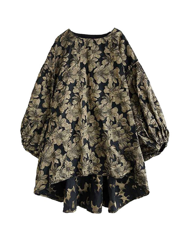Robe mi-longue coupe trapèze, à ourlet plongeant, à taille élastique, à imprimé floral, en jacquard, à col rond