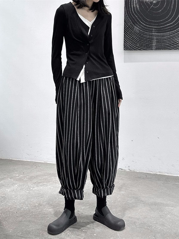 Sarouel ample taille haute fendu-joint motifs rayés pantalon pantalon